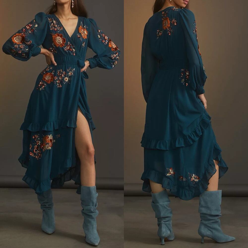 Anthropologie Beaded Wrap Midi Dress Womens US 10 Green Floral Boho